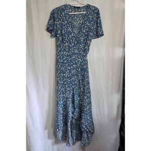 Simplee Blue White Floral Daisy Wrap Dress Short Flutter Sleeve High-Low Ruffle